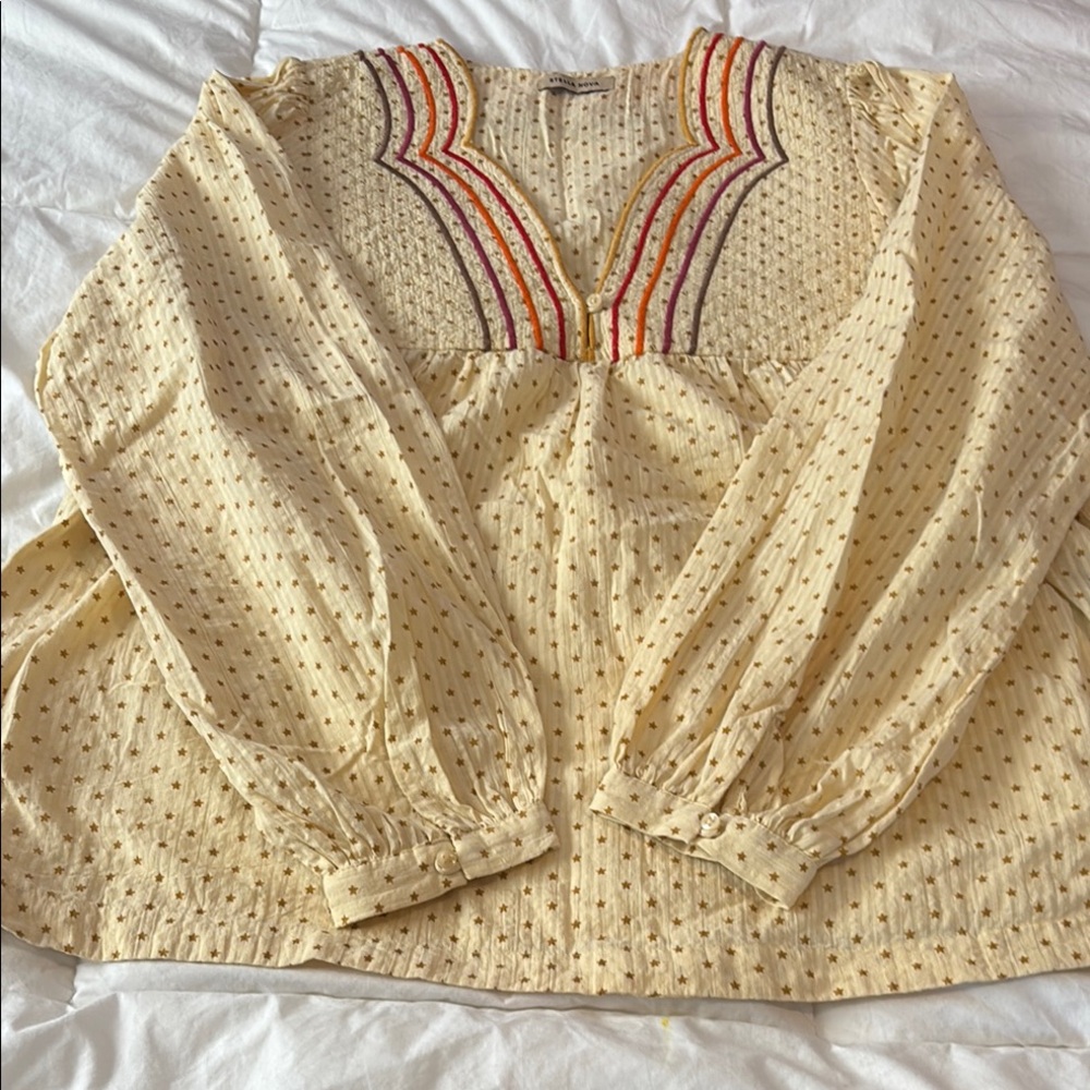 Yellow Long Sleeve Boxy Blouse with Bib Collar